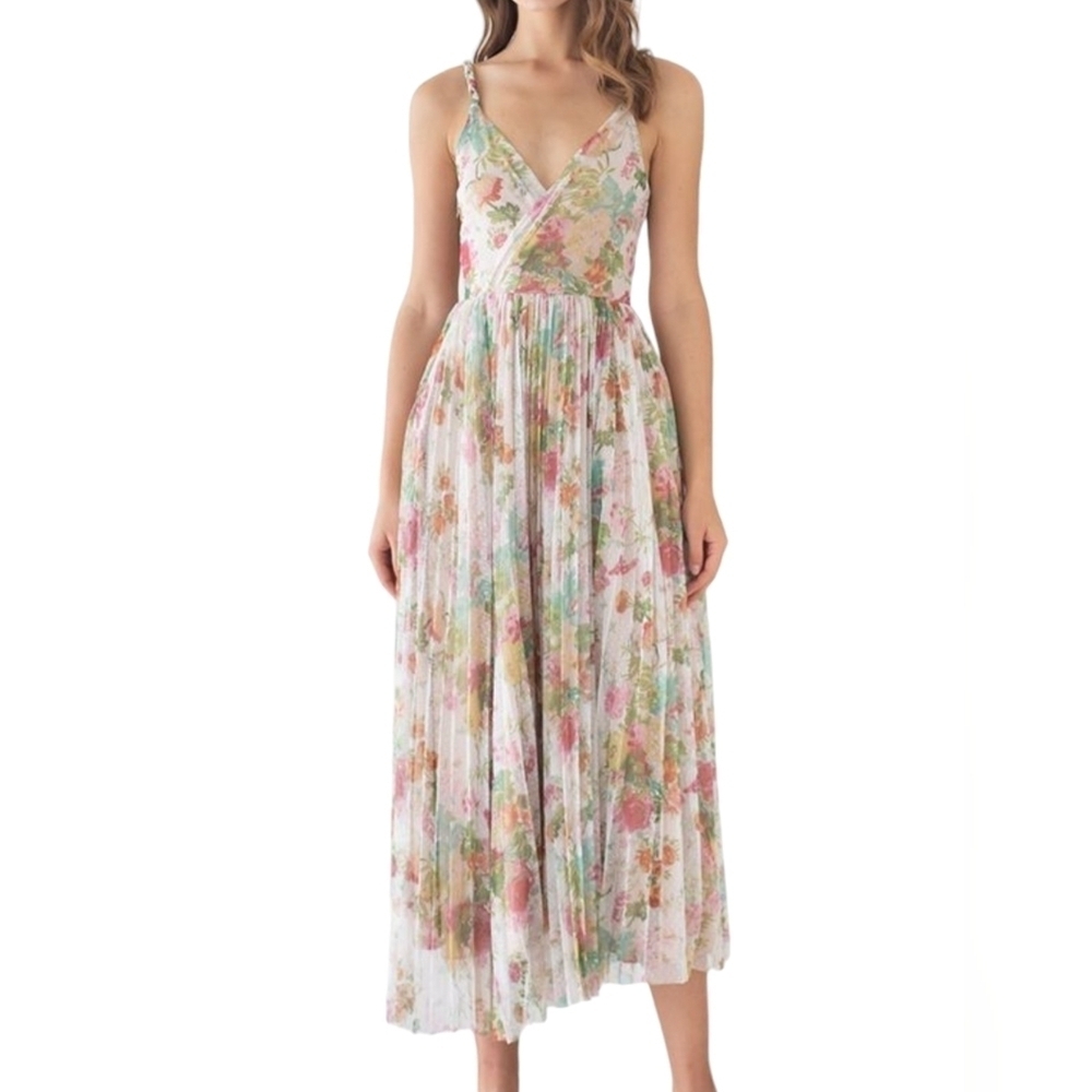 Beulah Floral Print Tulle Sequins Midi Dress Size M Swiss Dot Mesh Pleated Fairy